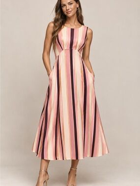 Anthropologie Striped Midi Dress Pink Brown XS NWT Pockets